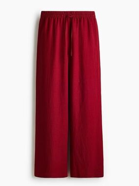 H&M Linen Blend Bright Red Wide-Leg Drawstring Pants